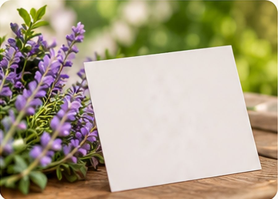 Lavender and a blank card on a wooden table