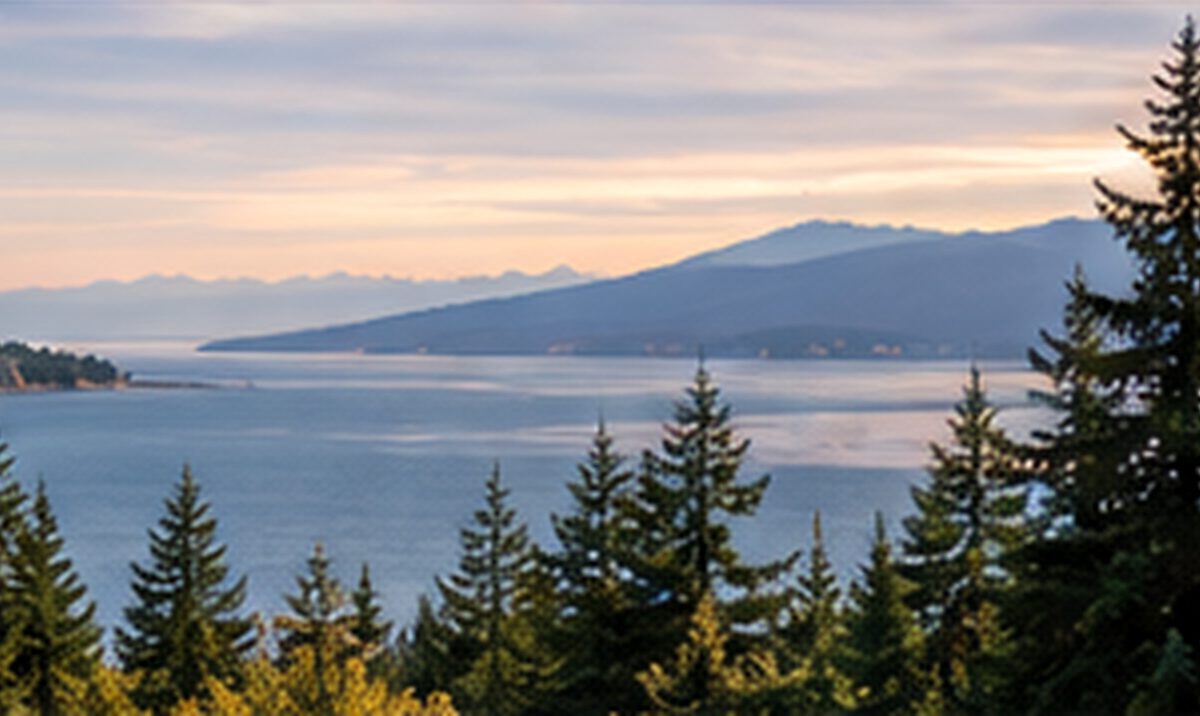Evergreens above a Pacific Northwest sound at dusk