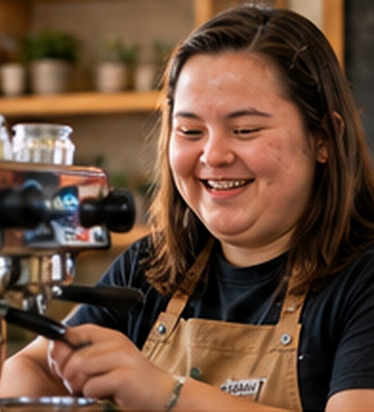A young woman smiling as she works a cafe espresso machine