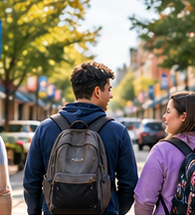Young adults walking together through a town center