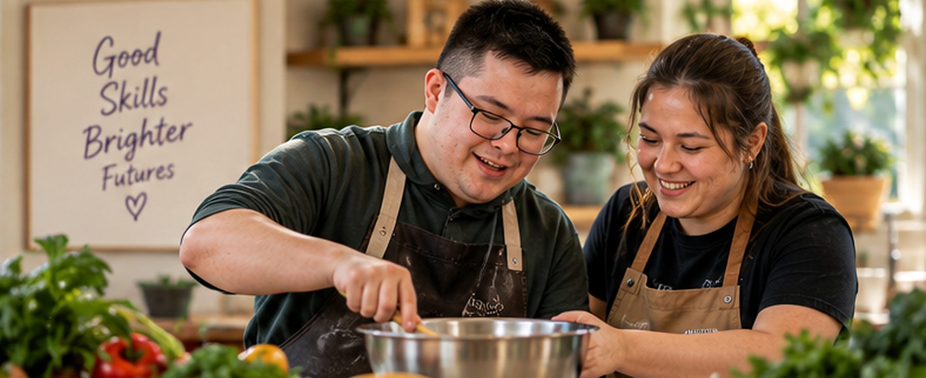 Two young adults cooking together in a bright kitchen