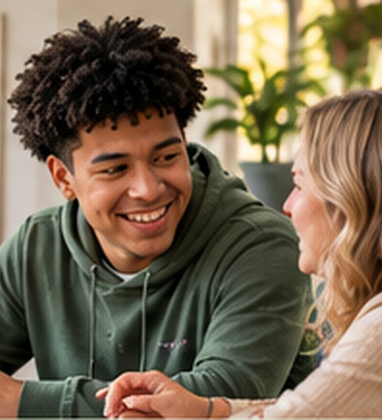 A young man smiling as he talks through his goals with a mentor